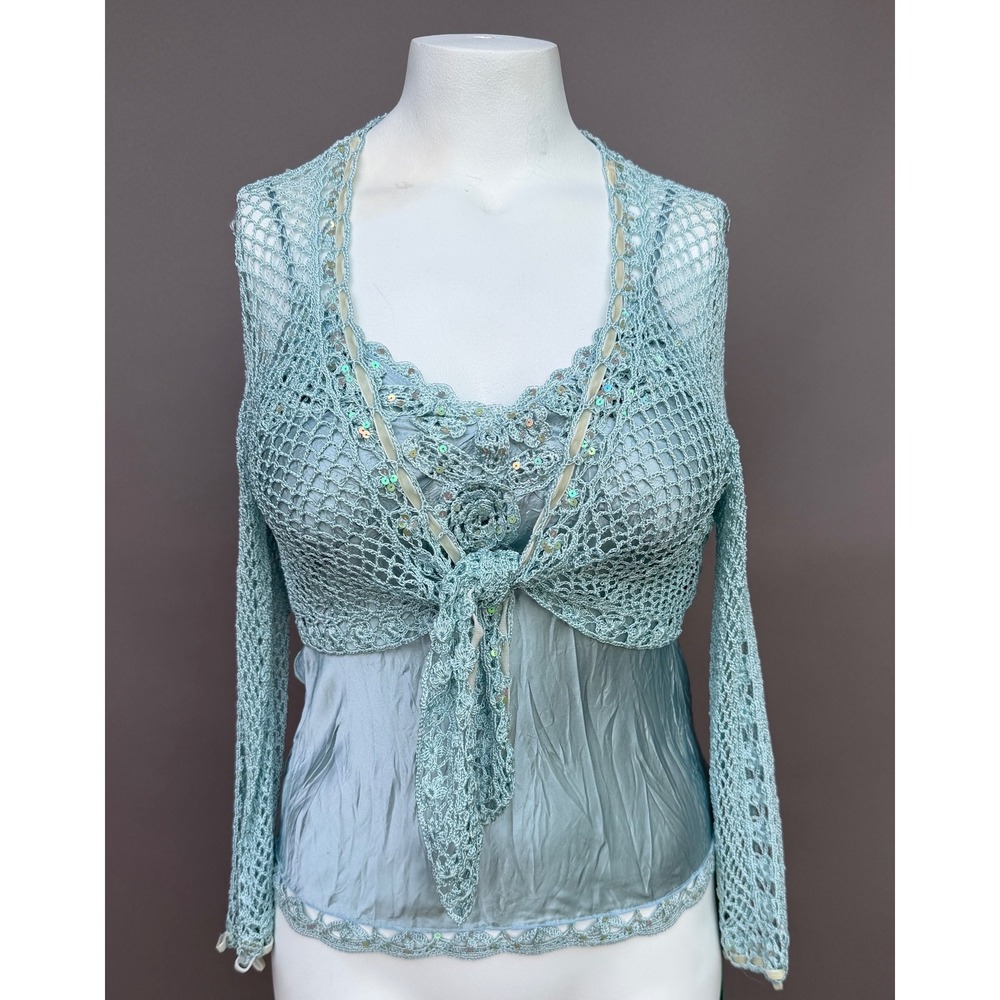 Tendre Baiser 2pc Cami Crochet Silk Shrug Set S Blue Sequin Lace Y2K Fairy Top